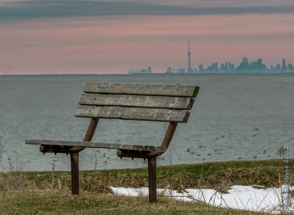 Bench on Niagara River; Toronto in the distance