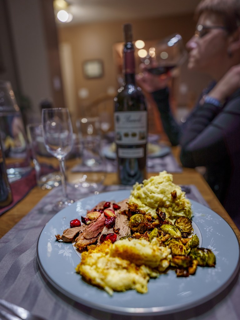 Duck, turnip, Brussels sprouts, mashed potatoes