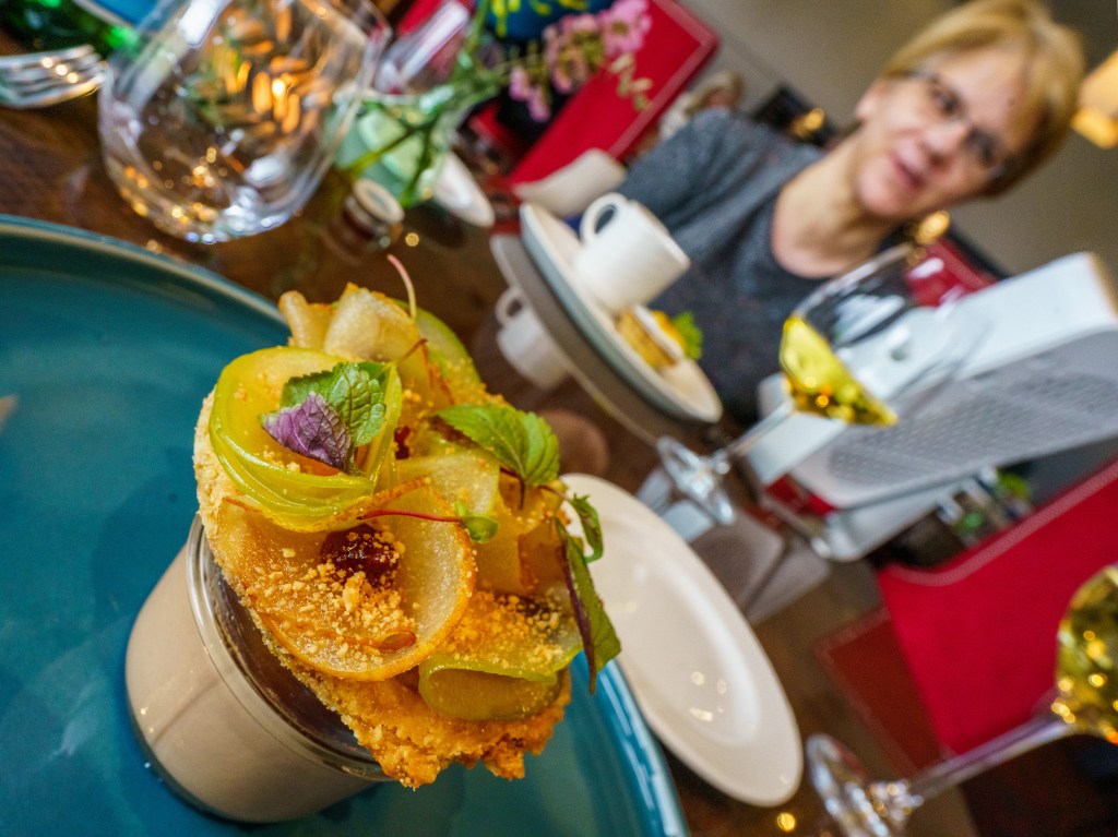 Chicken pate with ornate topper.