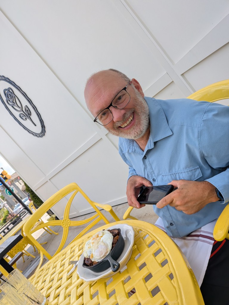 Jean on patio with beef skillet.