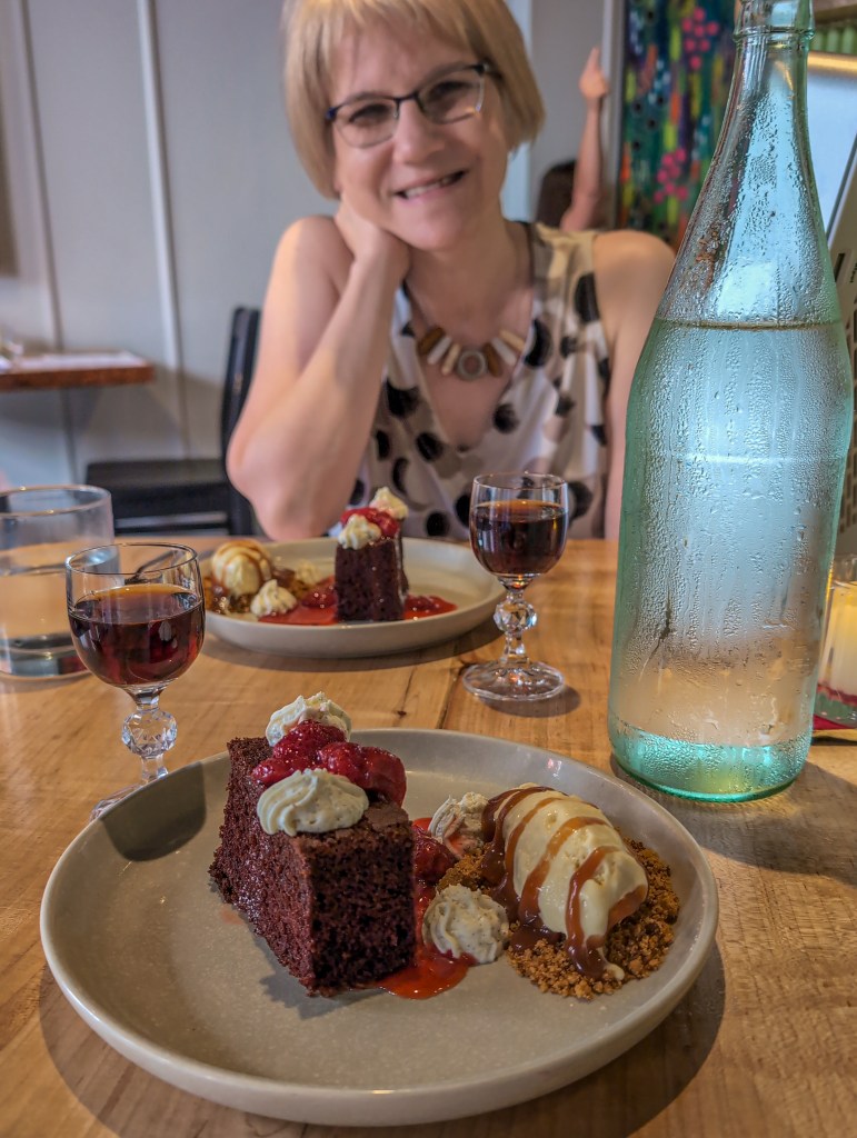 Chocolate black forest cake with ice cream and port or sherry.
