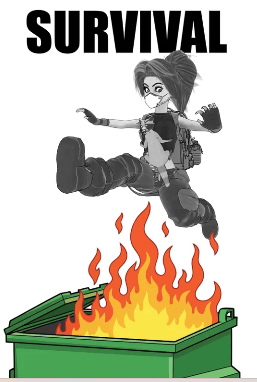 Survival book cover, of woman in a mask and combat gear jumping over a dumpster fire.